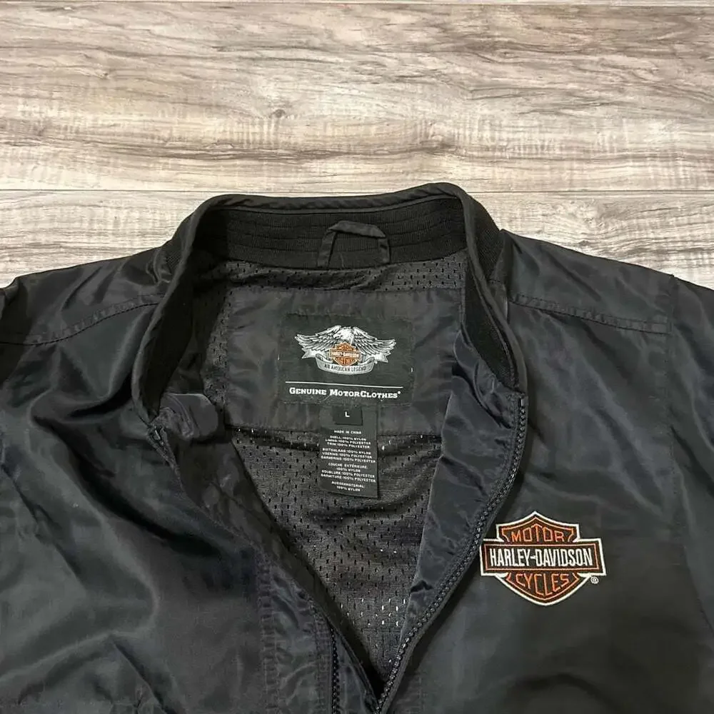 Harley-Davidson Genuine MotorClothes Black Nylon Flame Bomber Jacket Size L